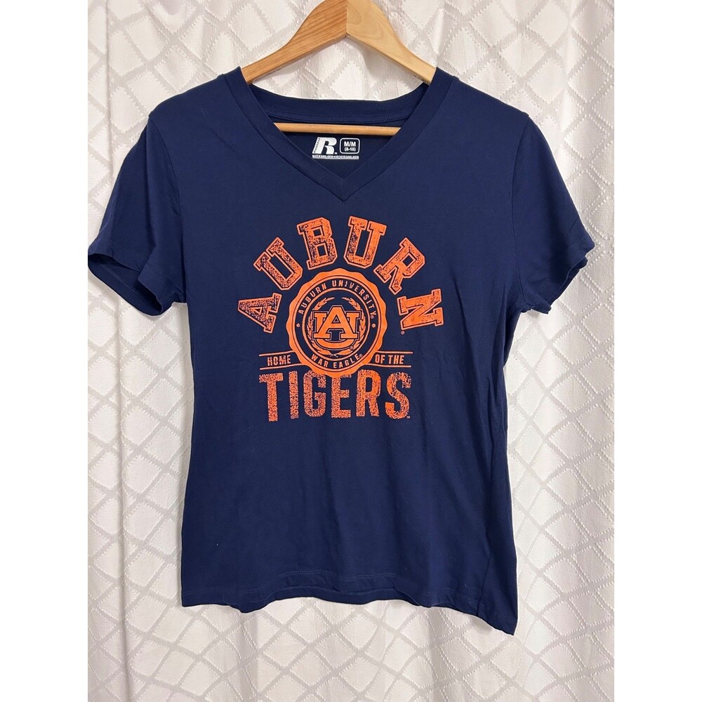 Auburn Tigers War Eagles T-shirt Womens Russell Cotton V-neck Size Medium NCAA